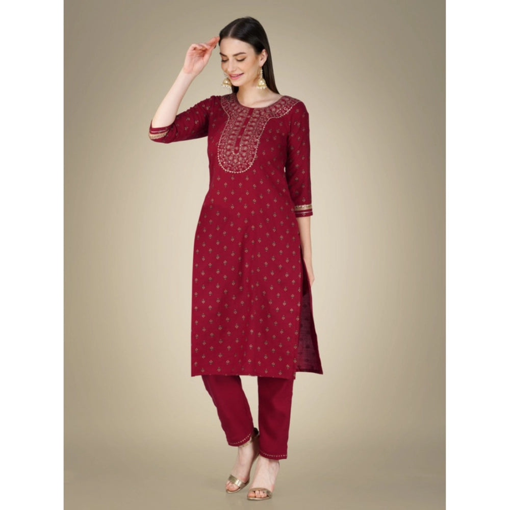 Shopper Beast Women's Casual 3-4 th Sleeve Embroidery Cotton Kurti Pant Dupatta Set (Maroon)