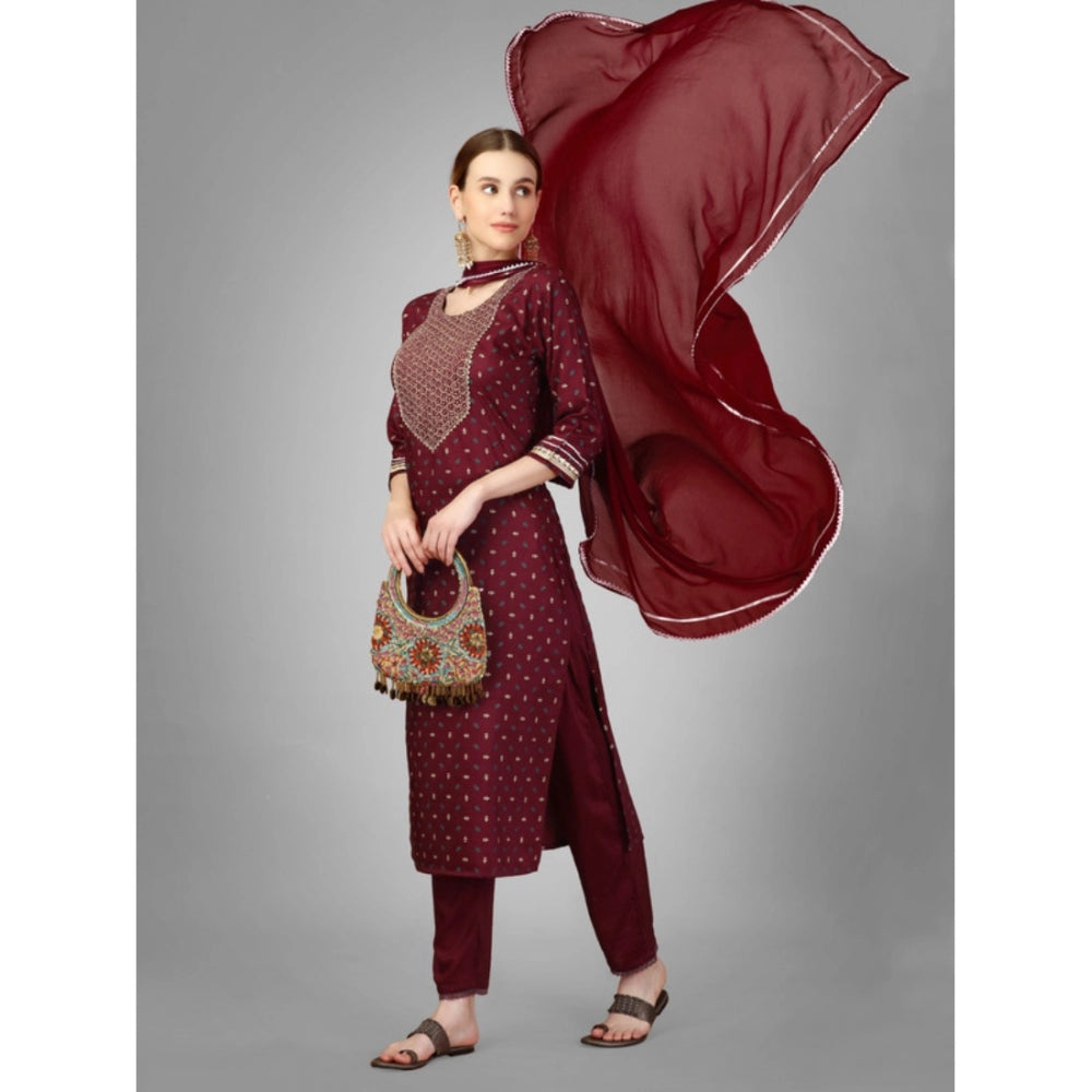 Shopper Beast Women's Casual 3-4 th Sleeve Embroidery Silk Blend Kurti Pant Dupatta Set (Maroon)