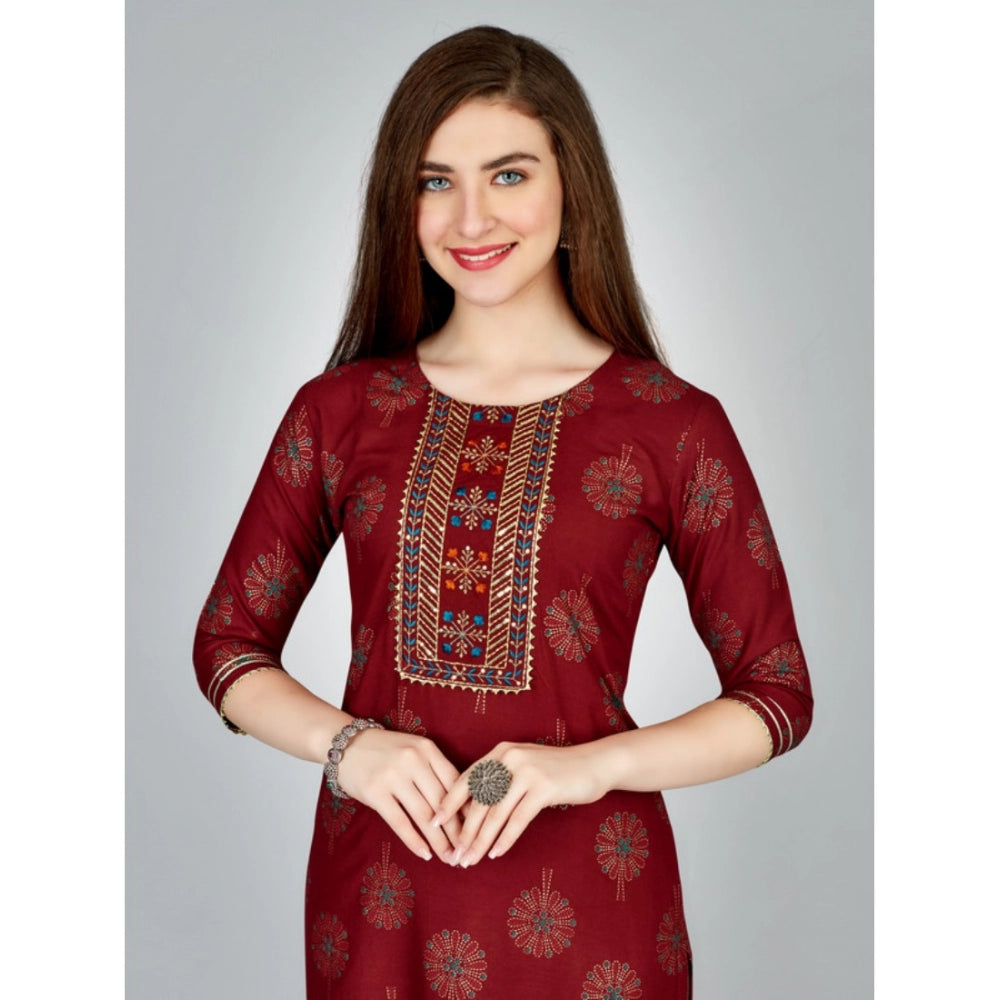 Shopper Beast Women's Casual 3-4 th Sleeve Embroidery Rayon Kurti Pant Set (Maroon)