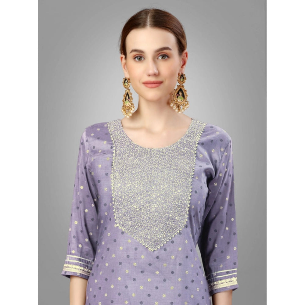 Shopper Beast Women's Casual 3-4 th Sleeve Embroidery Silk Blend Kurti Pant Dupatta Set (Lavender)