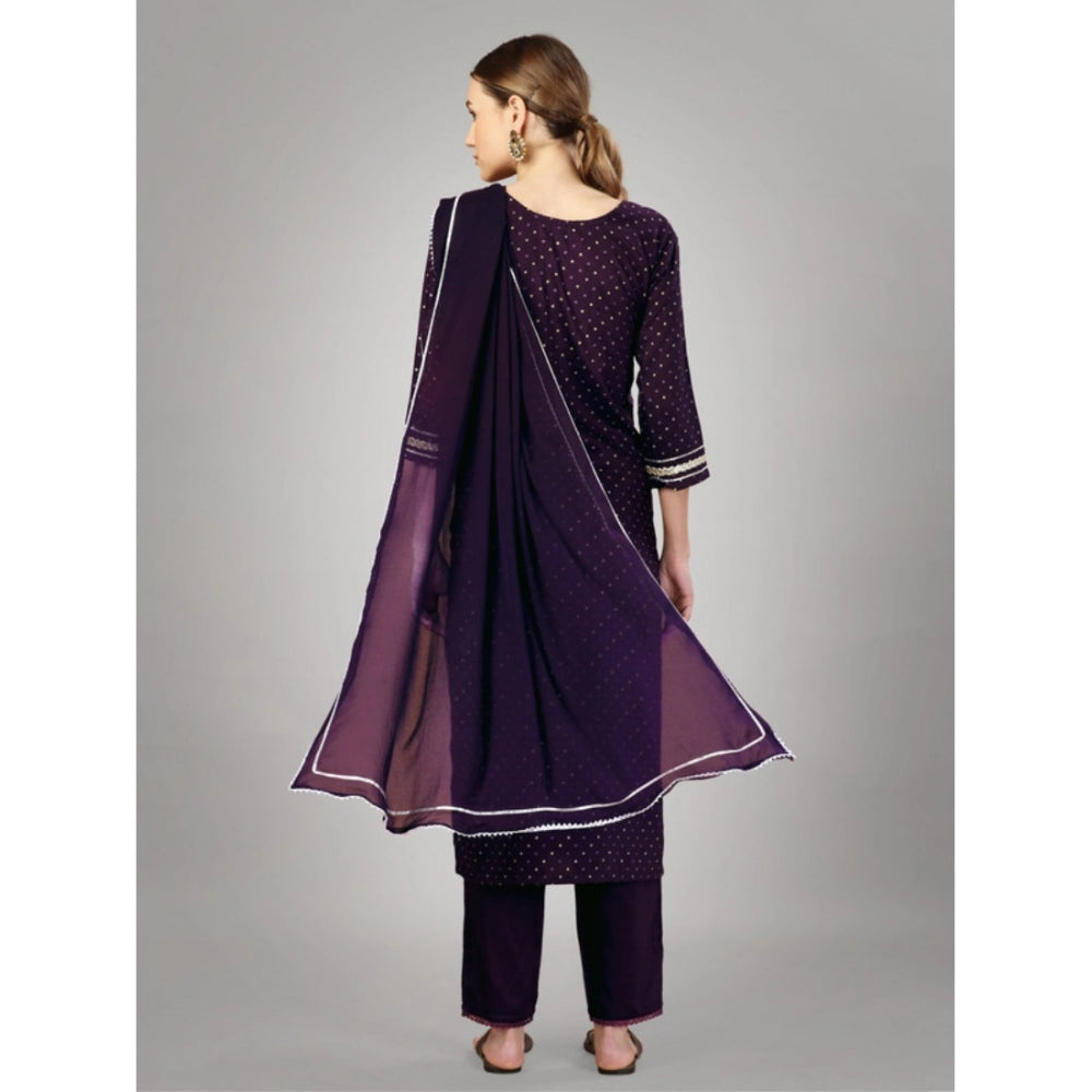 Shopper Beast Women's Casual 3-4 th Sleeve Embroidery Silk Blend Kurti Pant Dupatta Set (Purple)