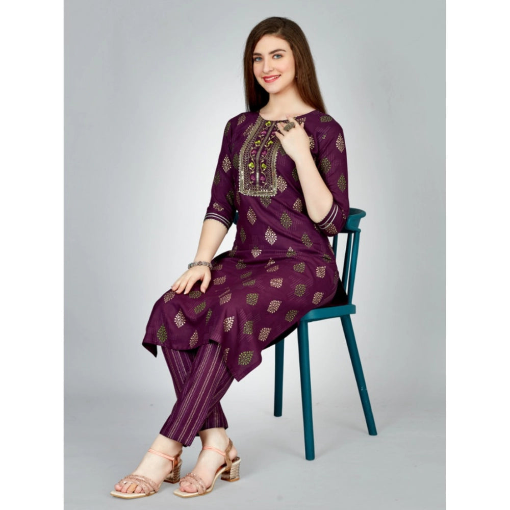 Shopper Beast Women's Casual 3-4 th Sleeve Embroidery Rayon Kurti Pant Set (Purple)