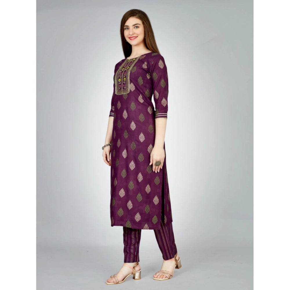 Shopper Beast Women's Casual 3-4 th Sleeve Embroidery Rayon Kurti Pant Set (Purple)