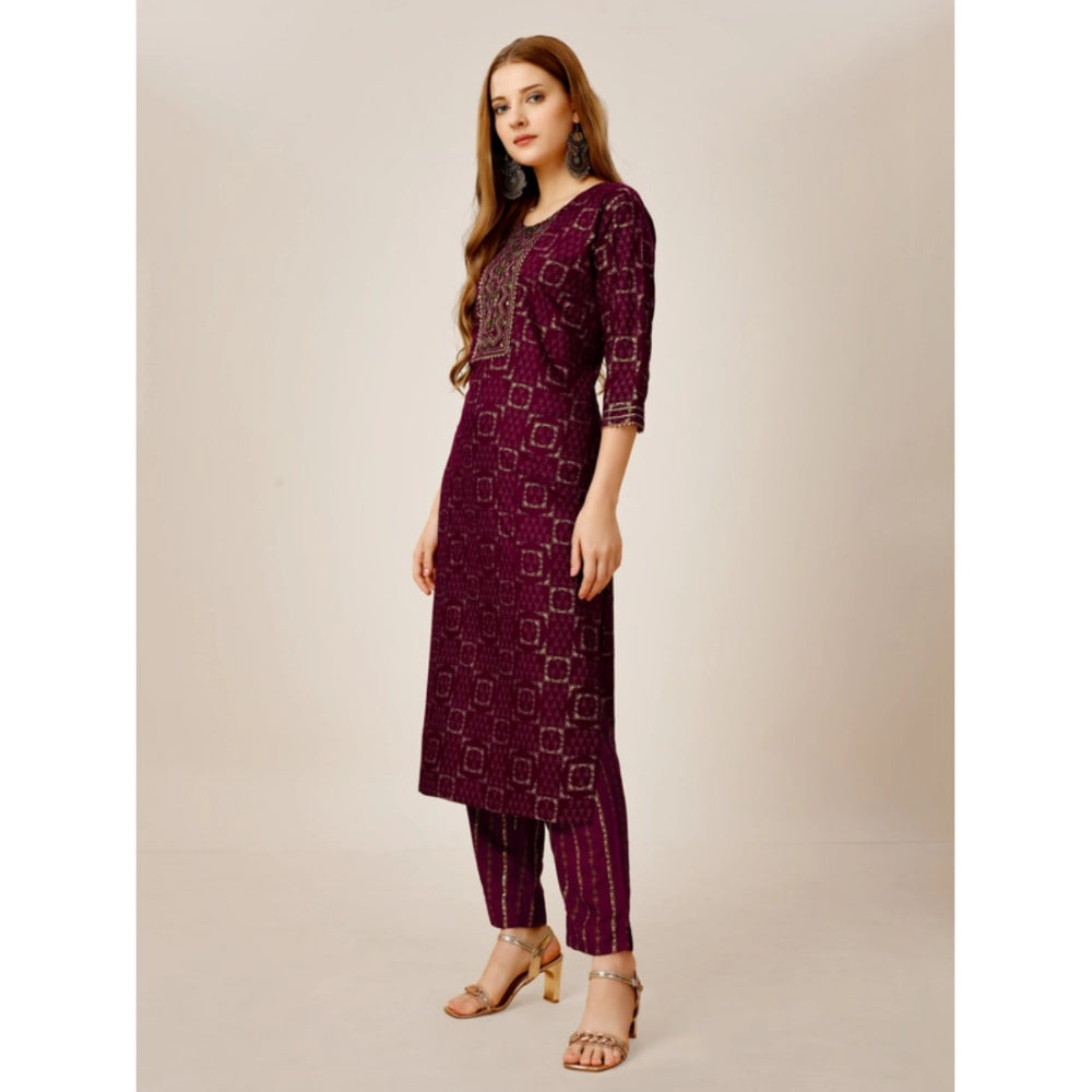 Shopper Beast Women's Casual 3-4 th Sleeve Embroidery Rayon Kurti Pant Set (Purple)