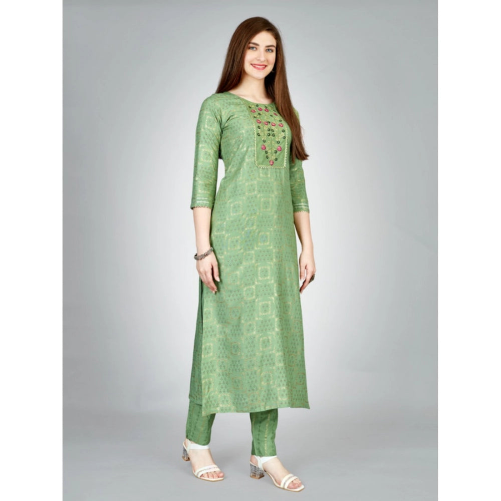 Shopper Beast Women's Casual 3-4 th Sleeve Embroidery Rayon Kurti Pant Set (Light Green)