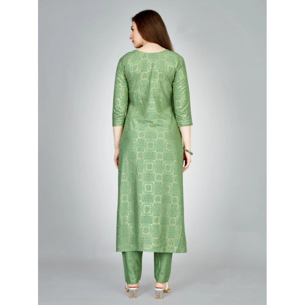 Shopper Beast Women's Casual 3-4 th Sleeve Embroidery Rayon Kurti Pant Set (Light Green)