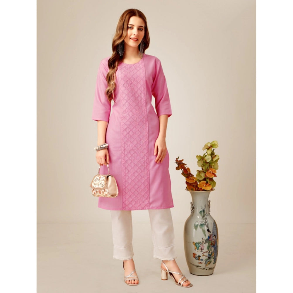 Shopper Beast Women's Casual 3-4 th Sleeve Embroidery Cotton Kurti Pant Set (Pink)