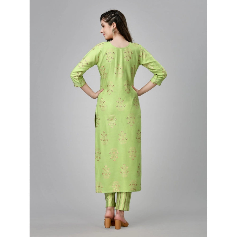 Shopper Beast Women's Casual 3-4 th Sleeve Embroidery Rayon Kurti Pant Set (Light Green)