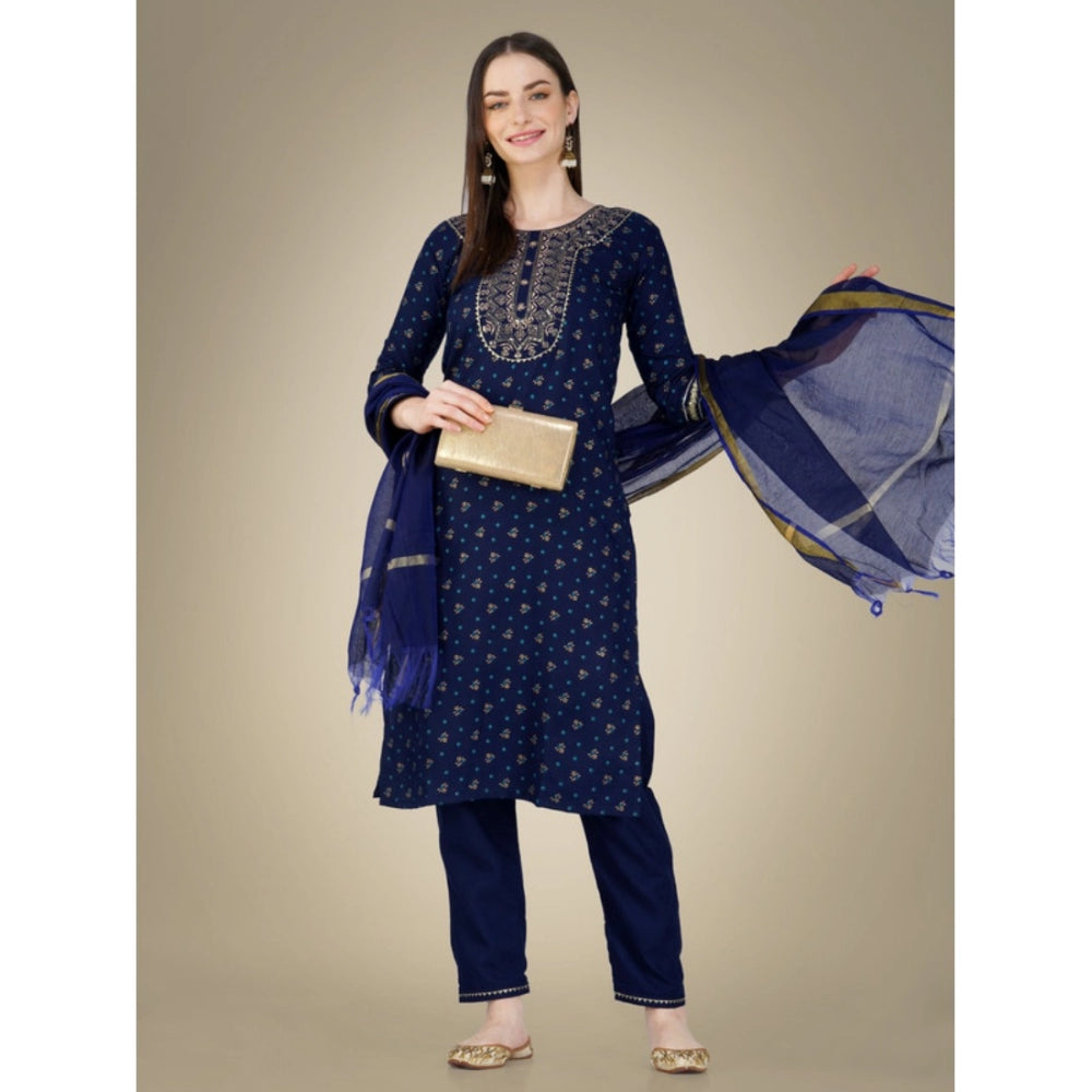 Shopper Beast Women's Casual 3-4 th Sleeve Embroidery Cotton Kurti Pant Dupatta Set (Dark Blue)