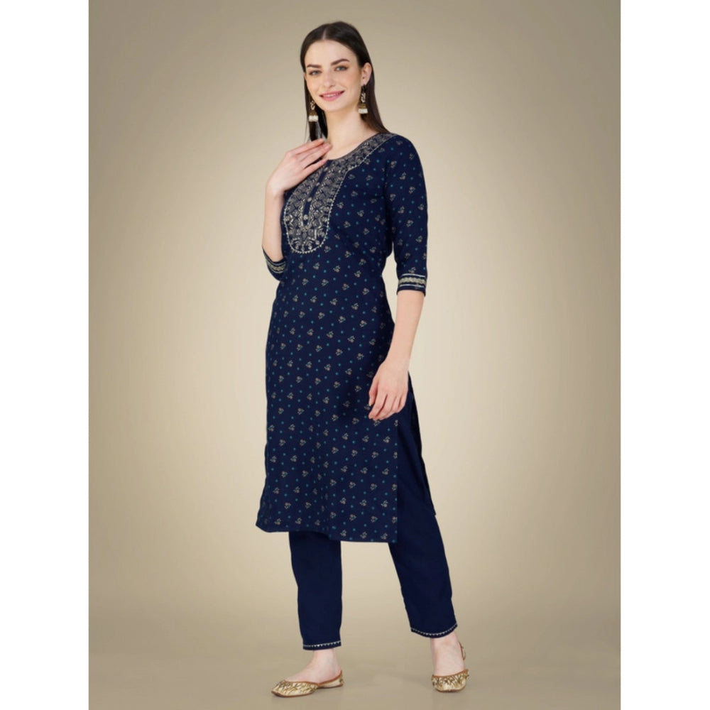 Shopper Beast Women's Casual 3-4 th Sleeve Embroidery Cotton Kurti Pant Dupatta Set (Dark Blue)