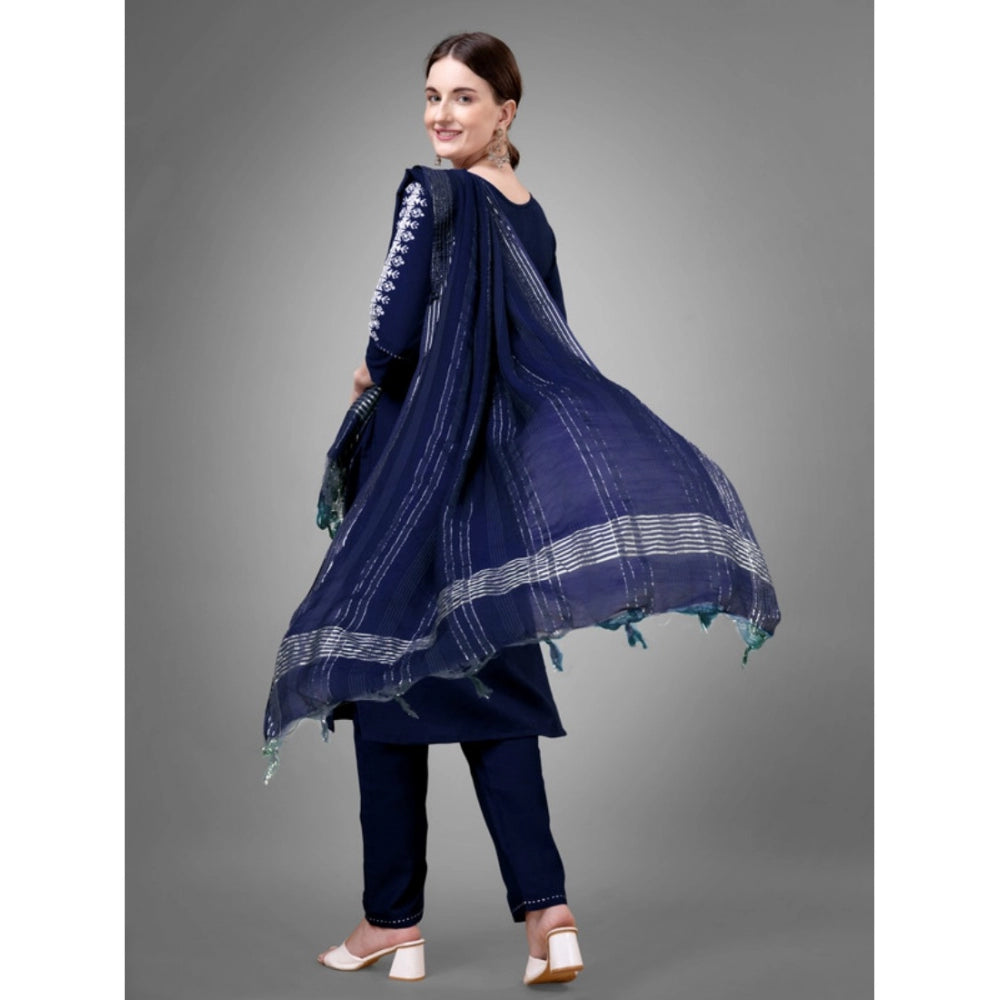 Shopper Beast Women's Casual 3-4 th Sleeve Embroidery Cotton Kurti Pant Dupatta Set (Dark Blue)