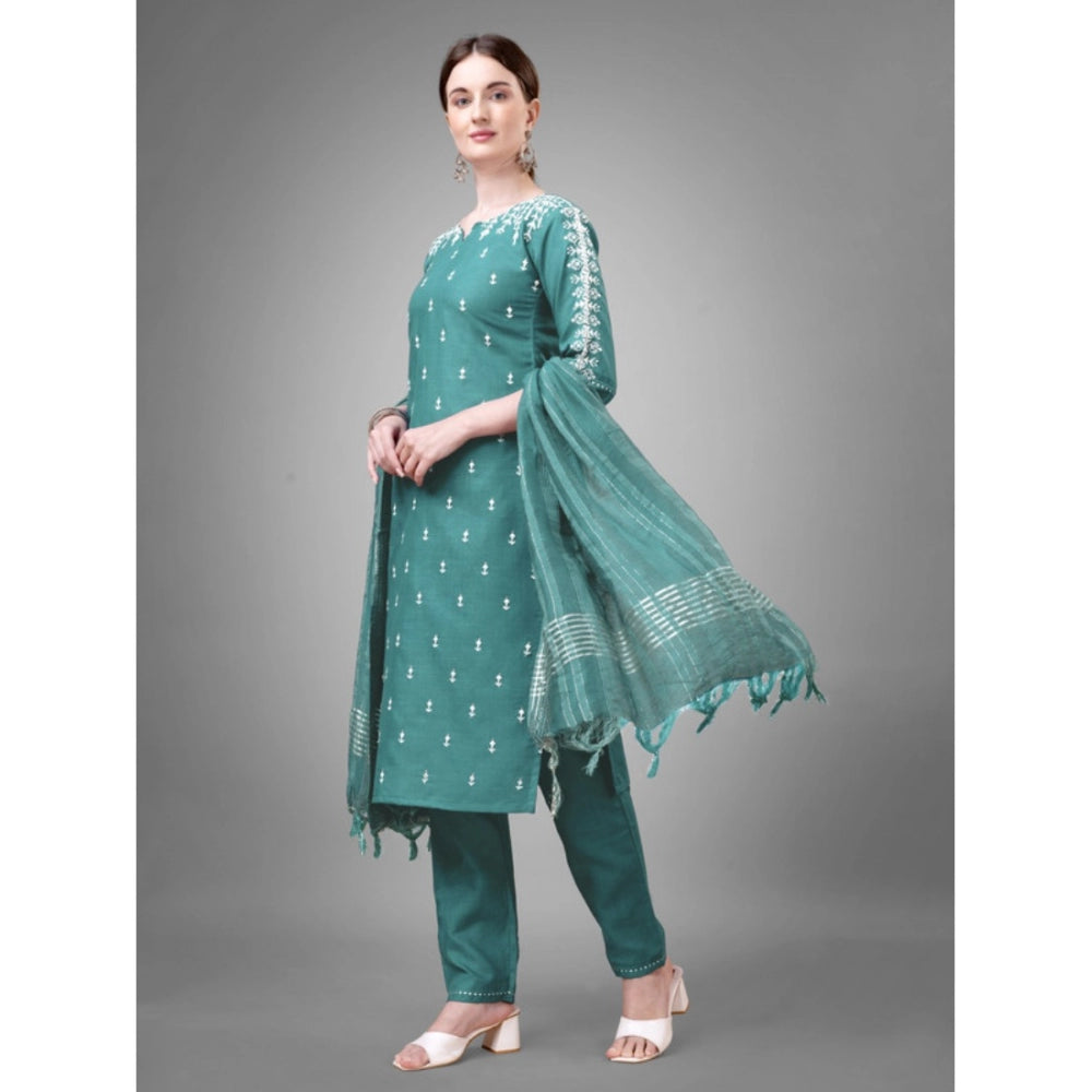 Shopper Beast Women's Casual 3-4 th Sleeve Embroidery Cotton Kurti Pant Dupatta Set (Teal)