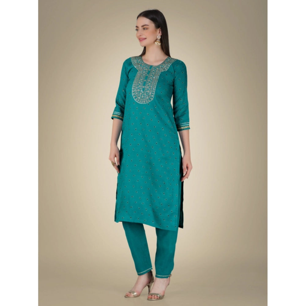 Shopper Beast Women's Casual 3-4 th Sleeve Embroidery Cotton Kurti Pant Dupatta Set (Light Green)