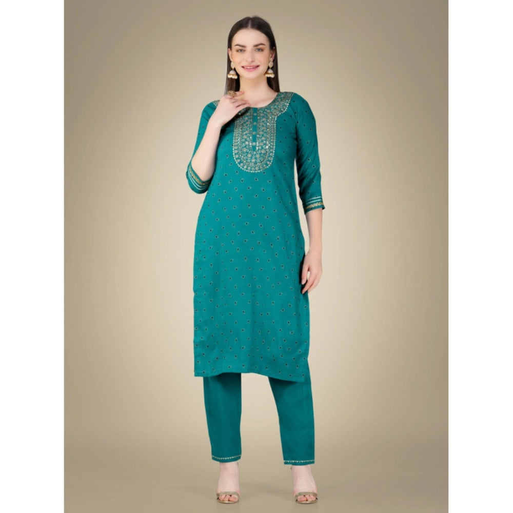 Shopper Beast Women's Casual 3-4 th Sleeve Embroidery Cotton Kurti Pant Dupatta Set (Light Green)