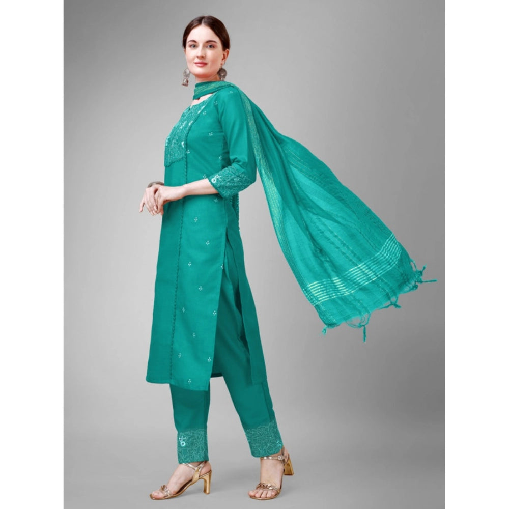 Shopper Beast Women's Casual 3-4 th Sleeve Embroidery Cotton Kurti Pant Dupatta Set (Rama)