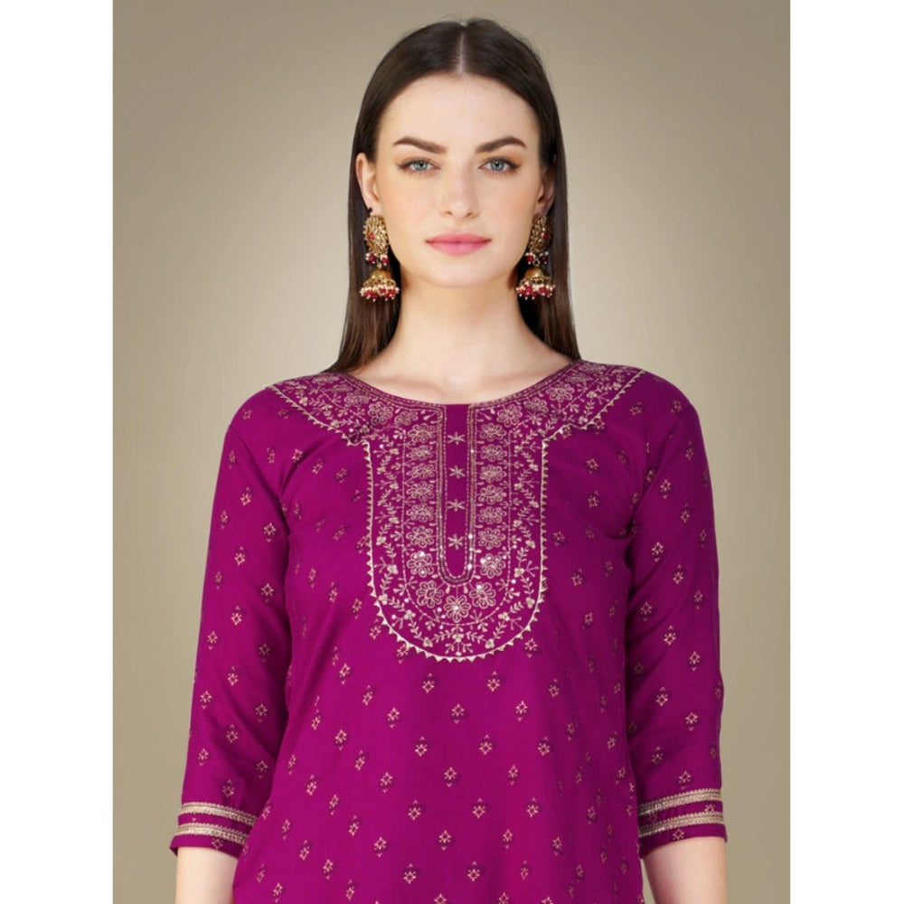 Shopper Beast Women's Casual 3-4 th Sleeve Embroidery Cotton Kurti Pant Dupatta Set (Purple)