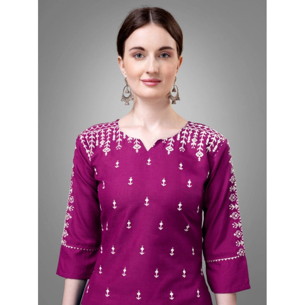 Shopper Beast Women's Casual 3-4 th Sleeve Embroidery Cotton Kurti Pant Dupatta Set (Purple)