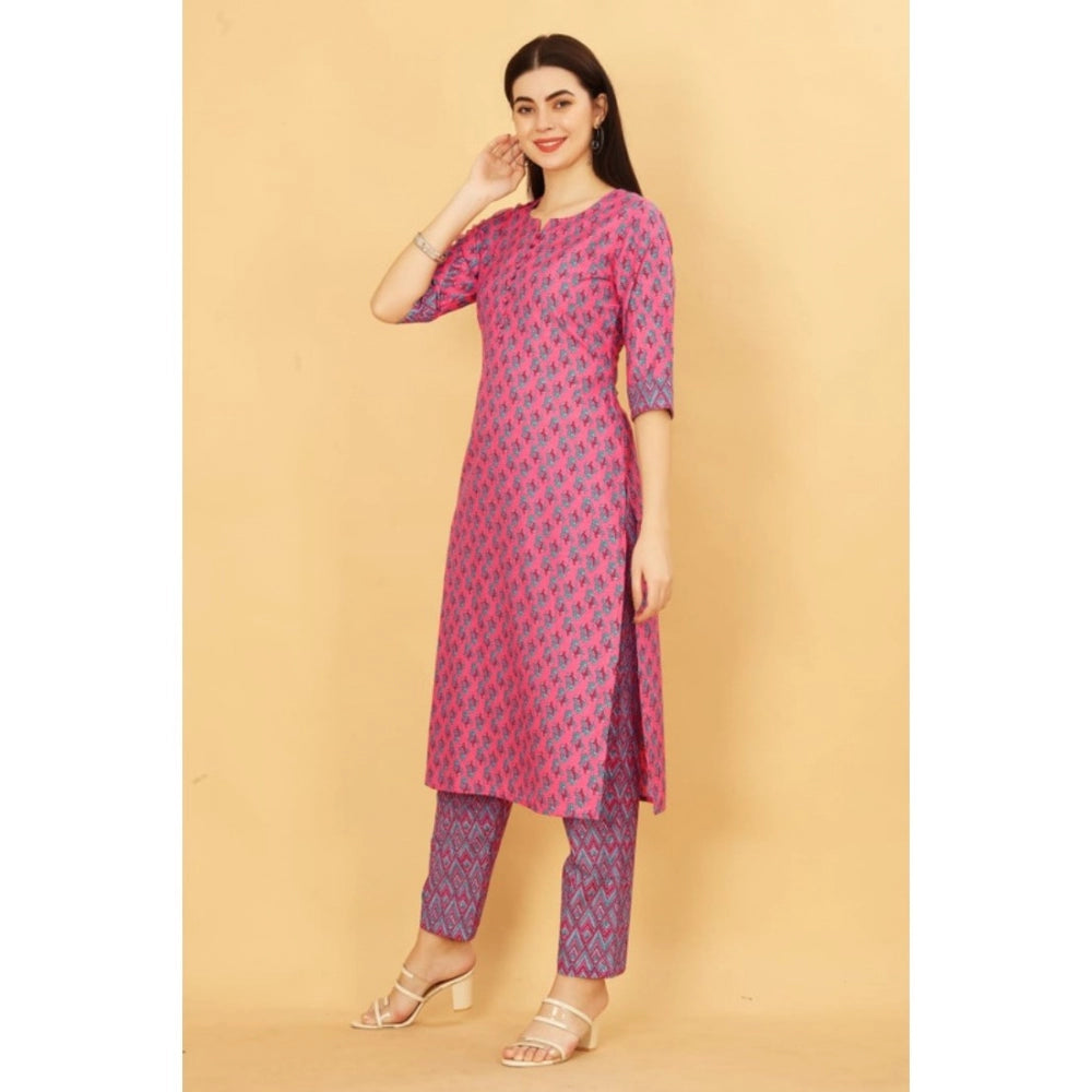 Shopper Beast Women's Casual 3-4 th Sleeve Printed Cotton Kurti Pant Set (Pink)