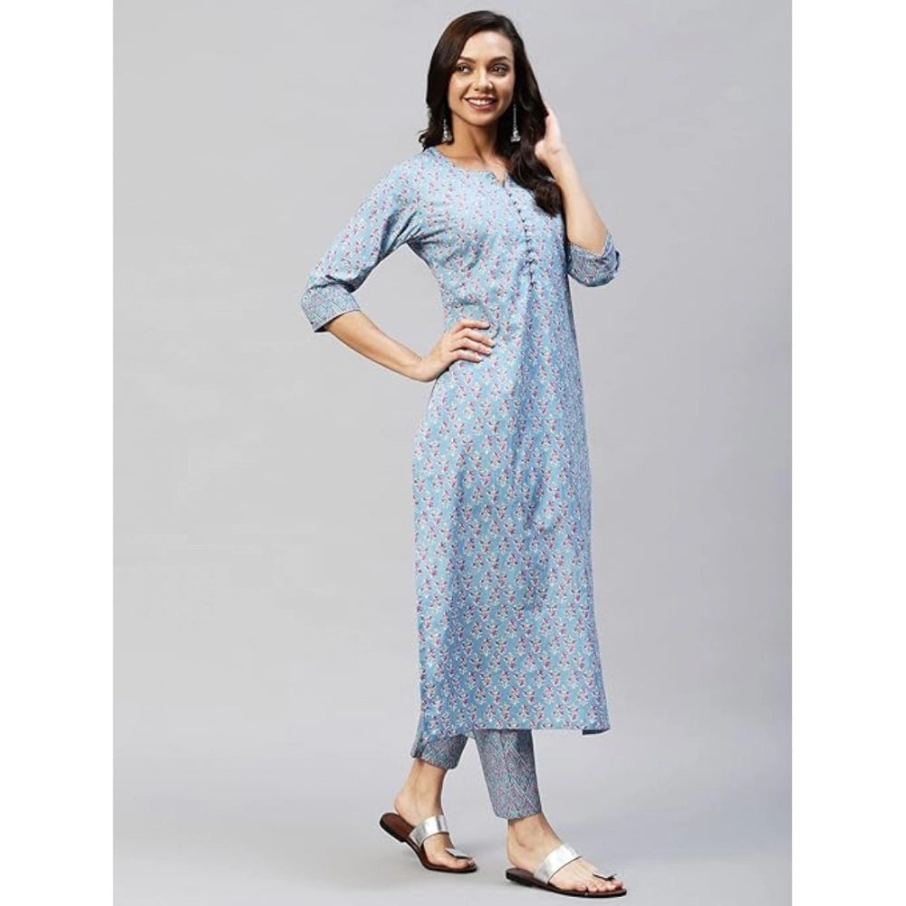 Shopper Beast Women's Casual 3-4 th Sleeve Printed Cotton Kurti Pant Set (Pastel Blue)