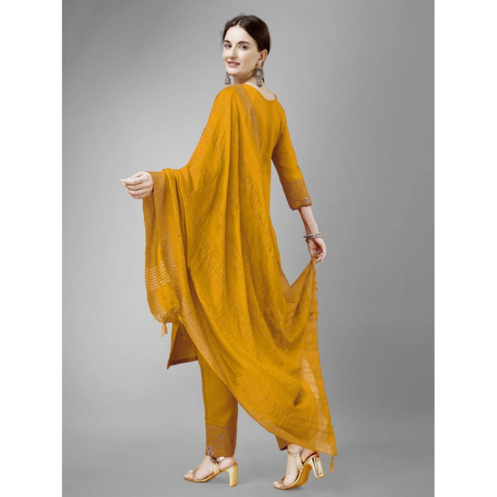 Shopper Beast Women's Casual 3-4 th Sleeve Embroidery Cotton Kurti Pant Dupatta Set (Yellow)