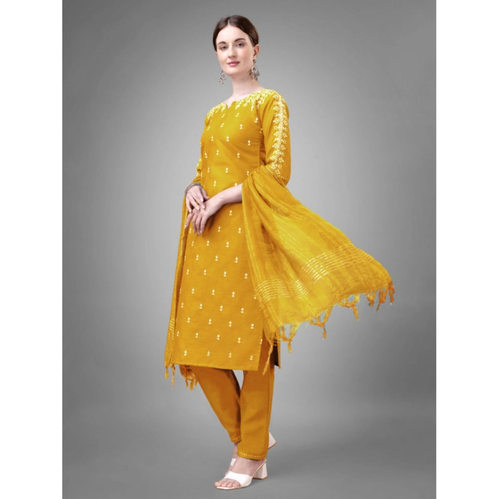 Shopper Beast Women's Casual 3-4 th Sleeve Embroidery Cotton Kurti Pant Dupatta Set (Yellow)