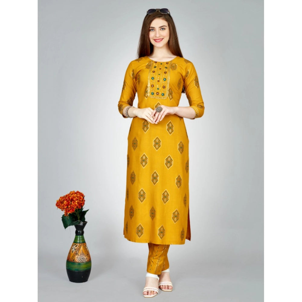 Shopper Beast Women's Casual 3-4 th Sleeve Embroidery Rayon Kurti Pant Set (Yellow)