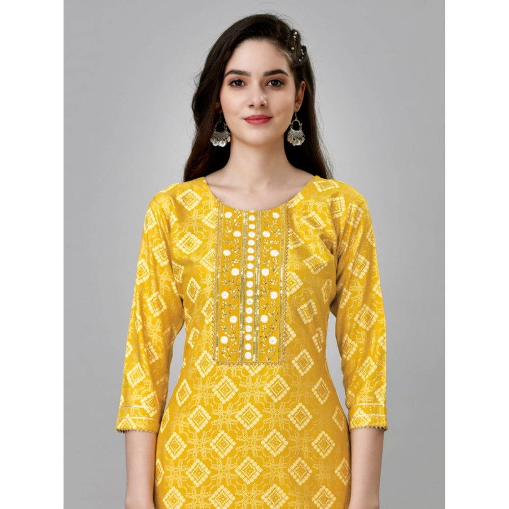 Shopper Beast Women's Casual 3-4 th Sleeve Embroidery Rayon Kurti Pant Set (Yellow)