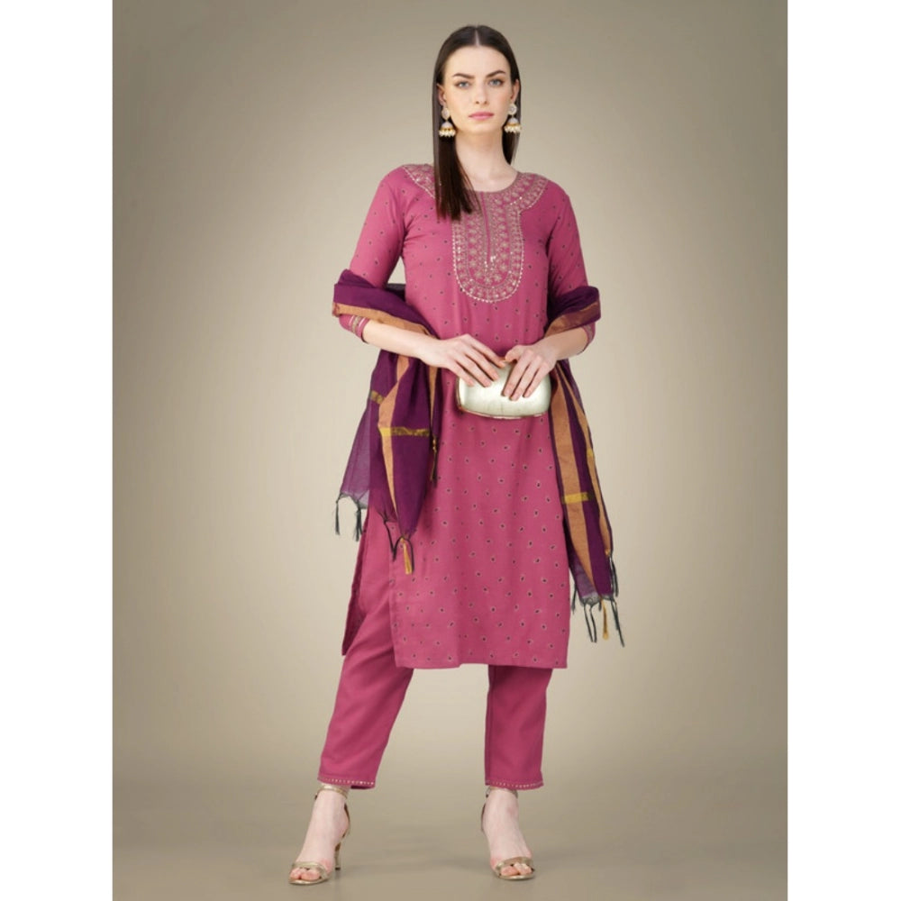 Shopper Beast Women's Casual 3-4 th Sleeve Embroidery Cotton Kurti Pant Dupatta Set (Wine)