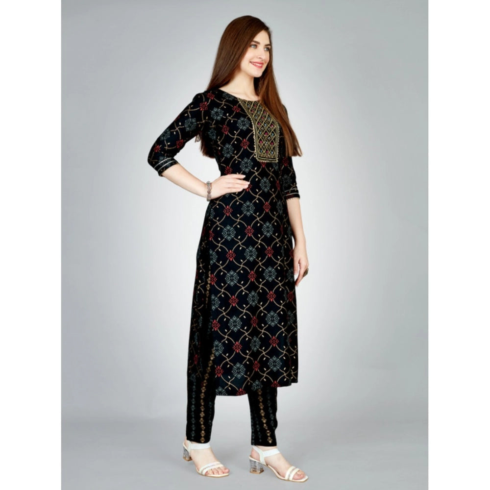 Shopper Beast Women's Casual 3-4 th Sleeve Embroidery Rayon Kurti Pant Set (Black)