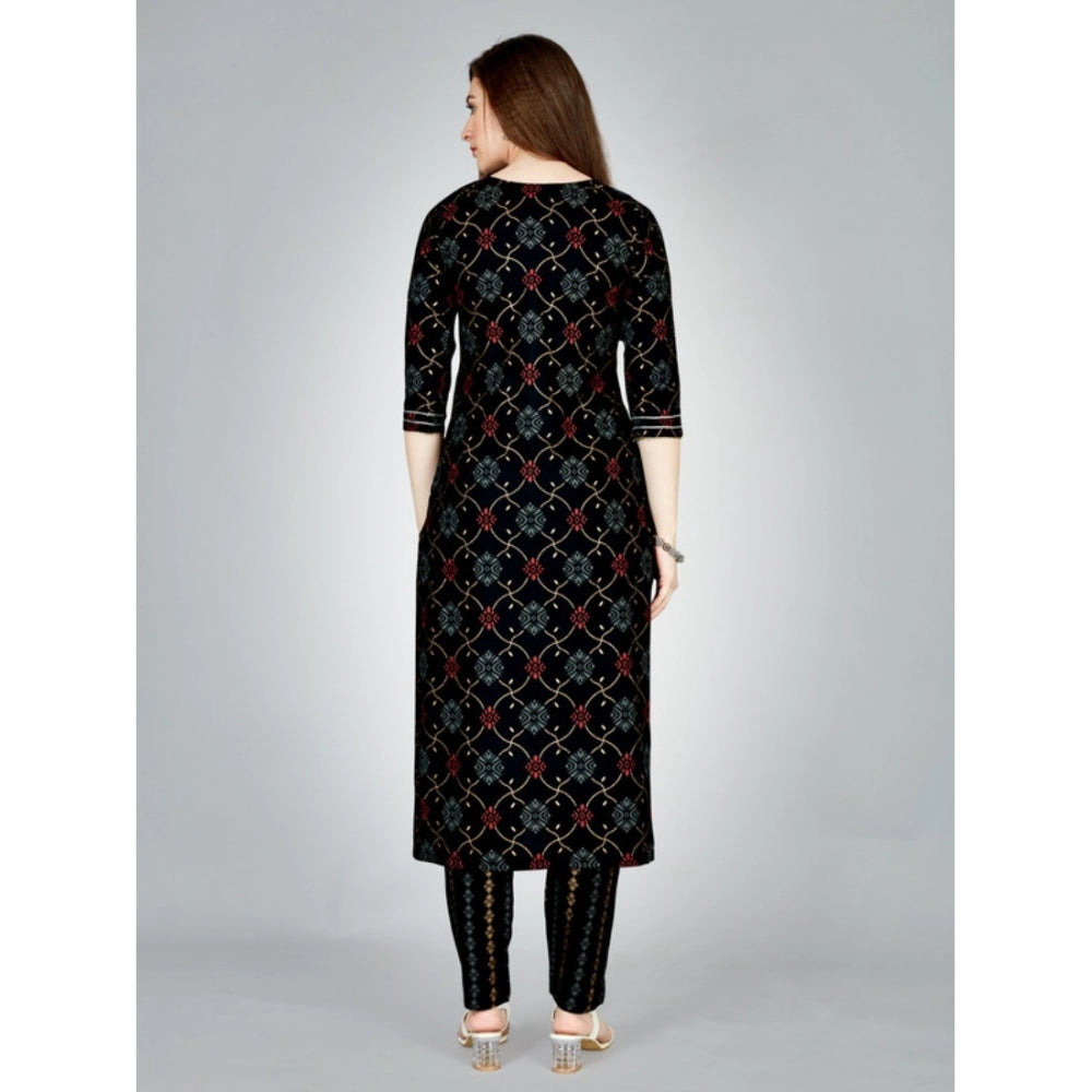 Shopper Beast Women's Casual 3-4 th Sleeve Embroidery Rayon Kurti Pant Set (Black)