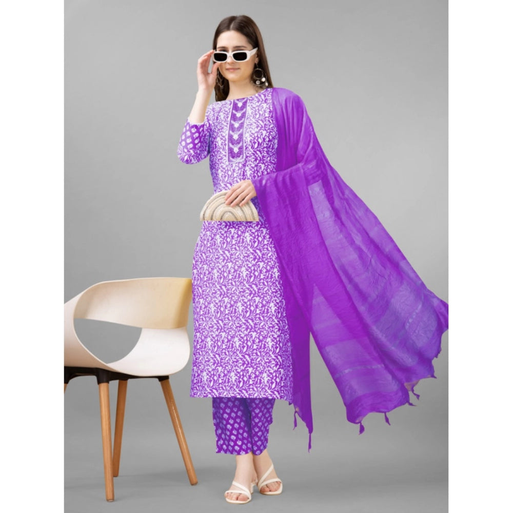 Shopper Beast Women's Casual 3-4 th Sleeve Embroidery Rayon Kurti Pant Dupatta Set (Purple)