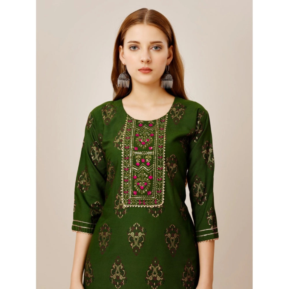 Shopper Beast Women's Casual 3-4 th Sleeve Embroidery Rayon Kurti Pant Set (Green)