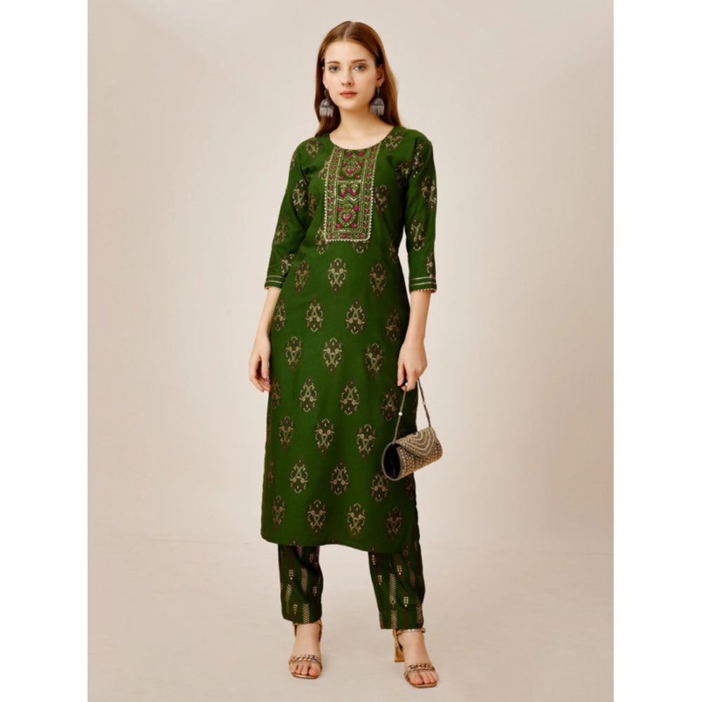 Shopper Beast Women's Casual 3-4 th Sleeve Embroidery Rayon Kurti Pant Set (Green)