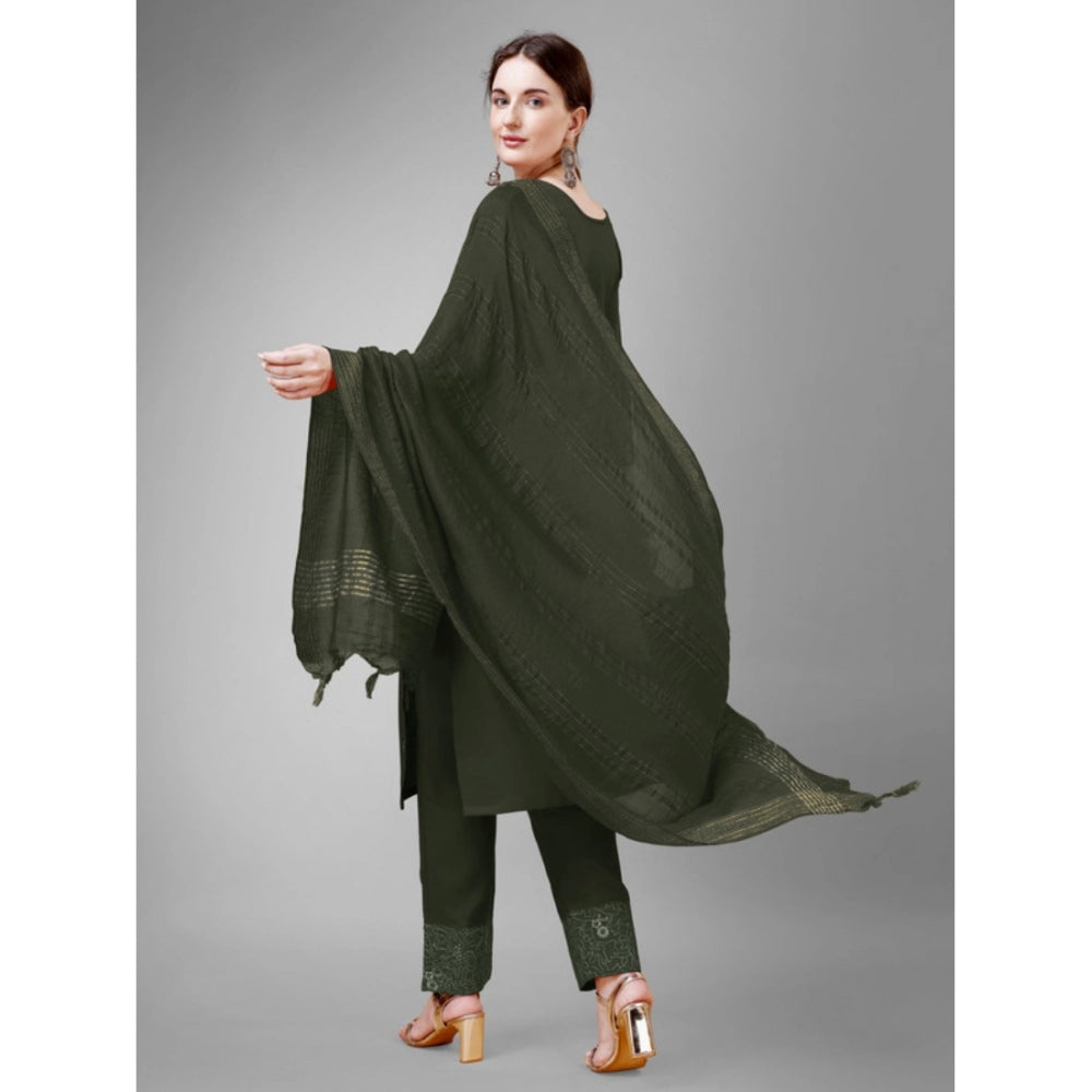 Shopper Beast Women's Casual 3-4 th Sleeve Embroidery Cotton Kurti Pant Dupatta Set (Dark Green)