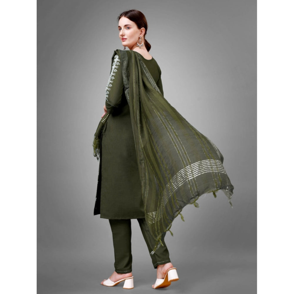 Shopper Beast Women's Casual 3-4 th Sleeve Embroidery Cotton Kurti Pant Dupatta Set (Dark Green)