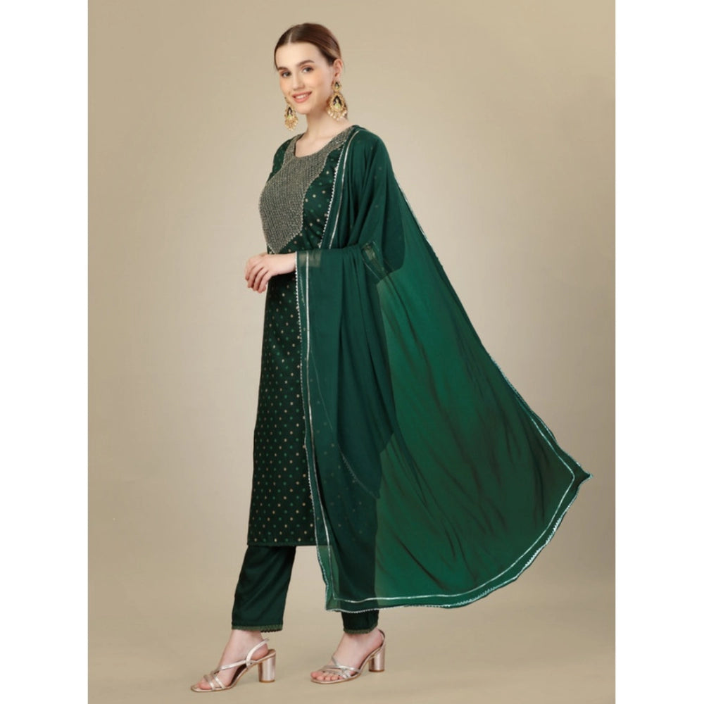 Shopper Beast Women's Casual 3-4 th Sleeve Embroidery Silk Blend Kurti Pant Dupatta Set (Dark Green)