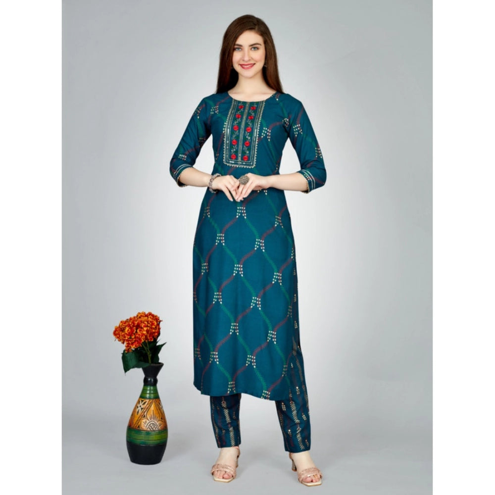 Shopper Beast Women's Casual 3-4 th Sleeve Embroidery Rayon Kurti Pant Set (Dark Blue)