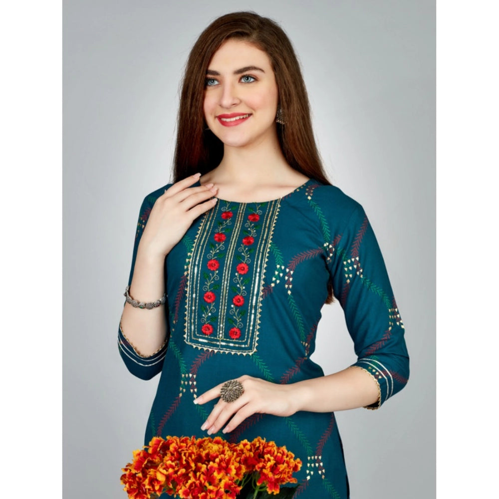 Shopper Beast Women's Casual 3-4 th Sleeve Embroidery Rayon Kurti Pant Set (Dark Blue)