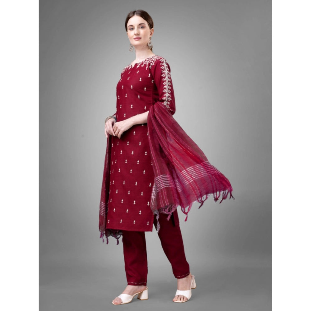 Shopper Beast Women's Casual 3-4 th Sleeve Embroidery Cotton Kurti Pant Dupatta Set (Maroon)