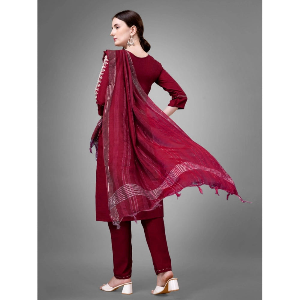 Shopper Beast Women's Casual 3-4 th Sleeve Embroidery Cotton Kurti Pant Dupatta Set (Maroon)