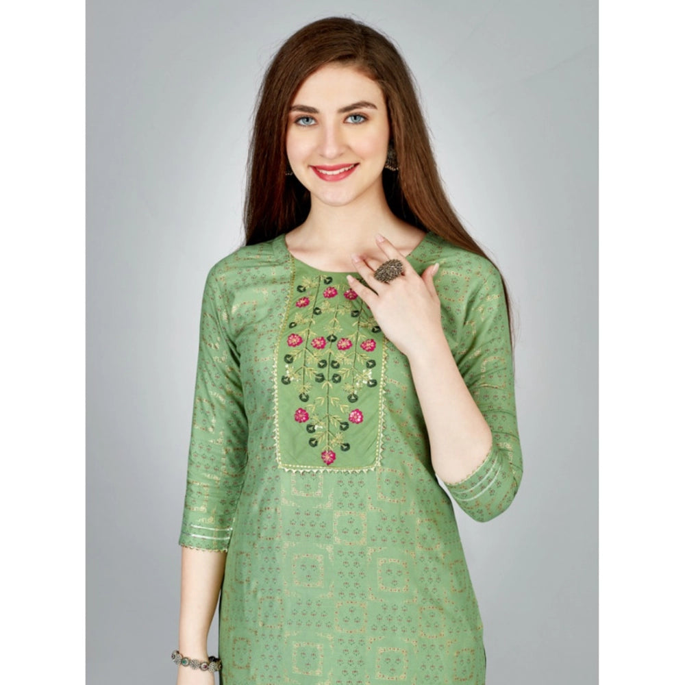 Shopper Beast Women's Casual 3-4 th Sleeve Embroidery Rayon Kurti Pant Set (Light Green)