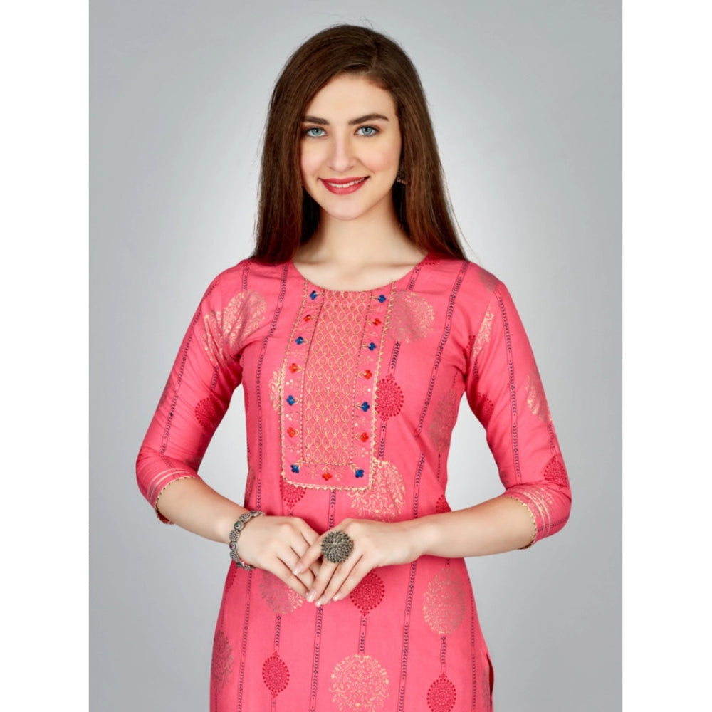 Shopper Beast Women's Casual 3-4 th Sleeve Embroidery Rayon Kurti Pant Set (Pink)