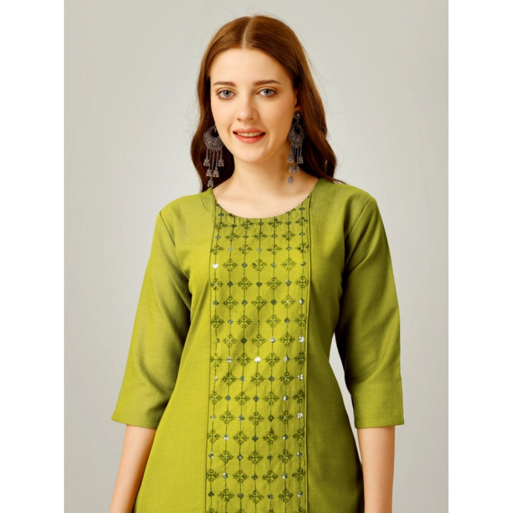 Shopper Beast Women's Casual 3-4 th Sleeve Embroidery Cotton Kurti Pant Set (Green)