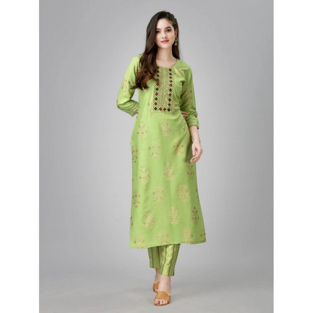 Shopper Beast Women's Casual 3-4 th Sleeve Embroidery Rayon Kurti Pant Set (Light Green)