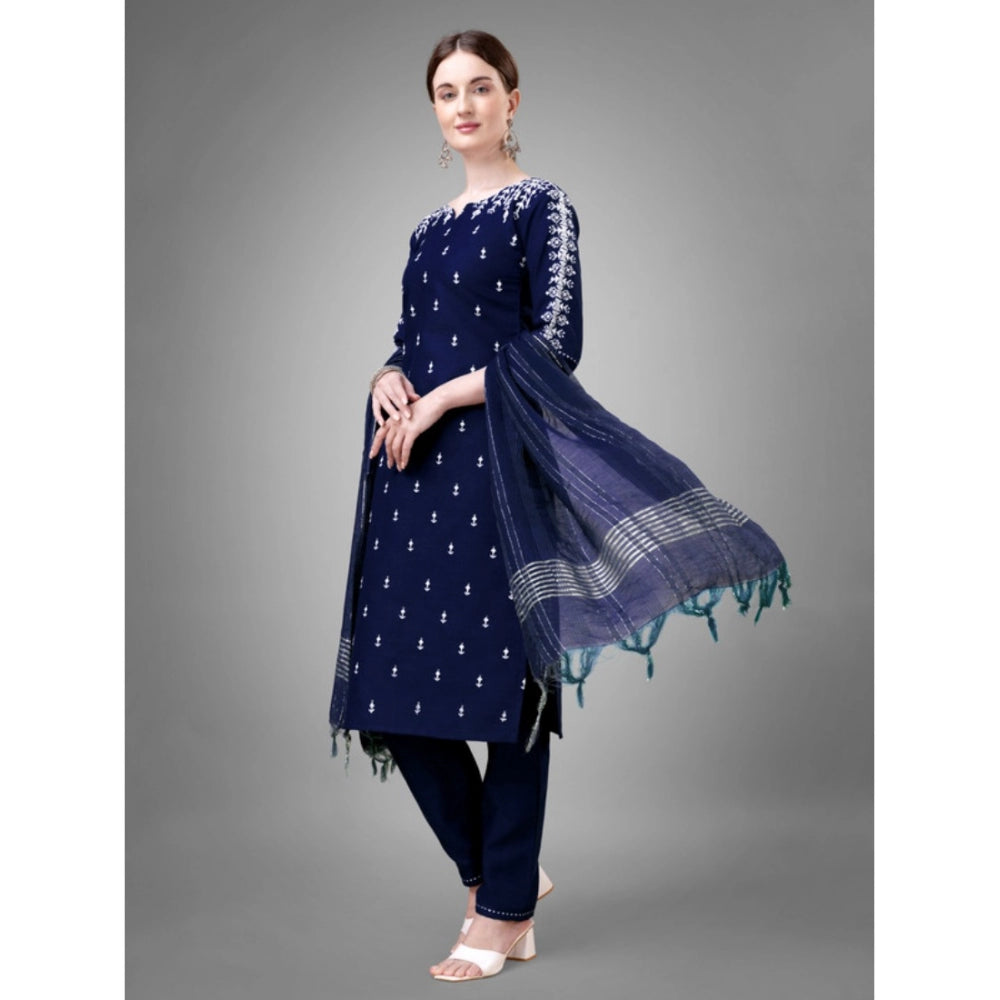 Shopper Beast Women's Casual 3-4 th Sleeve Embroidery Cotton Kurti Pant Dupatta Set (Dark Blue)