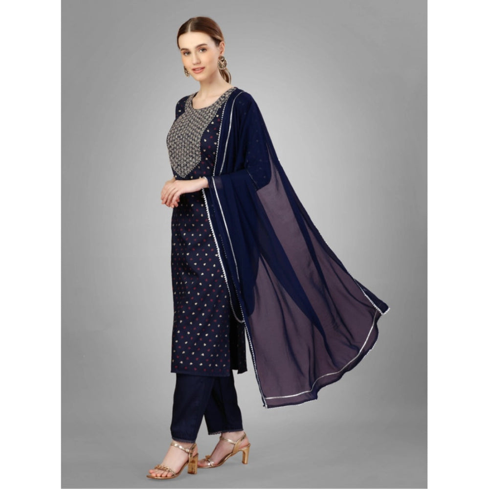 Shopper Beast Women's Casual 3-4 th Sleeve Embroidery Silk Blend Kurti Pant Dupatta Set (Navy Blue)