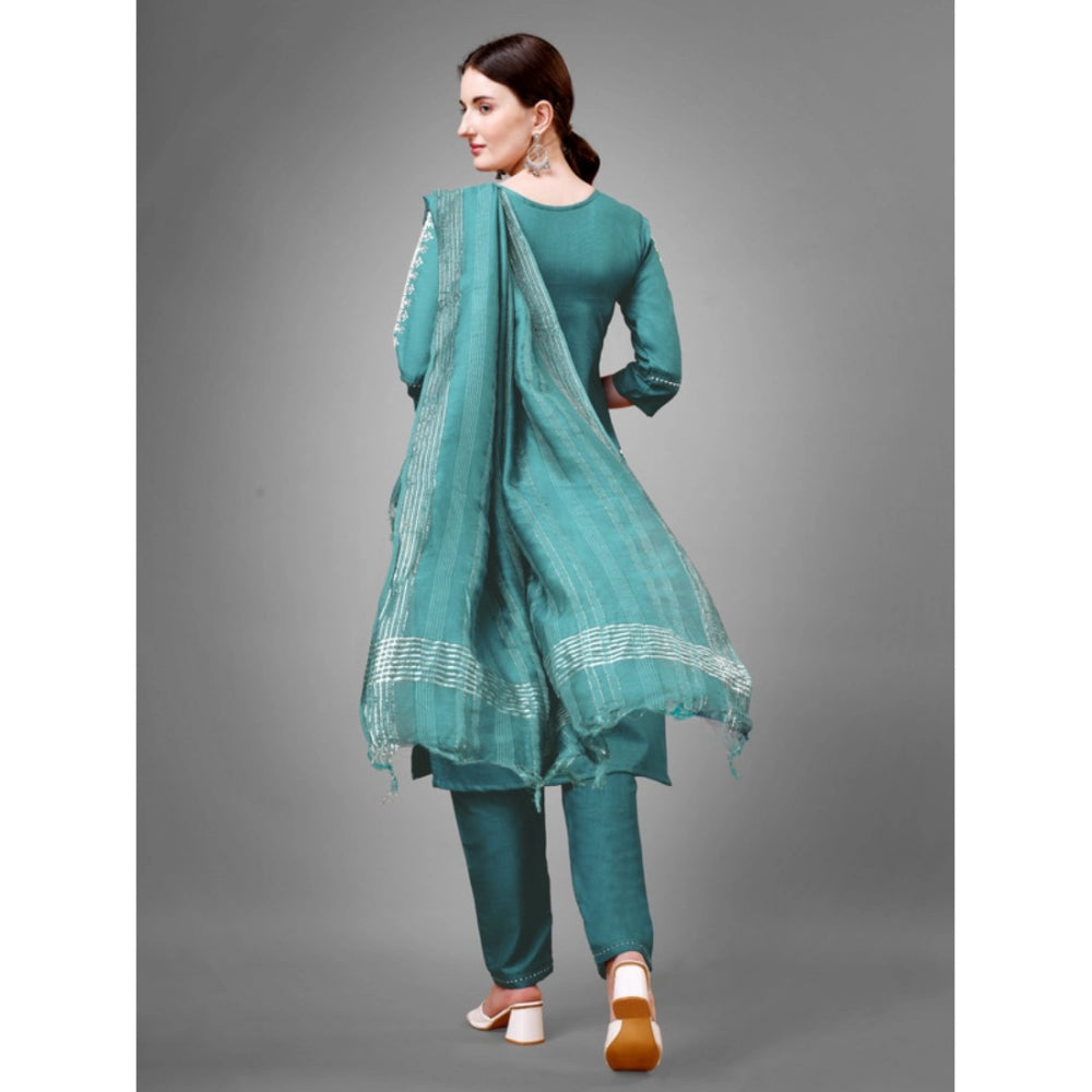 Shopper Beast Women's Casual 3-4 th Sleeve Embroidery Cotton Kurti Pant Dupatta Set (Teal)