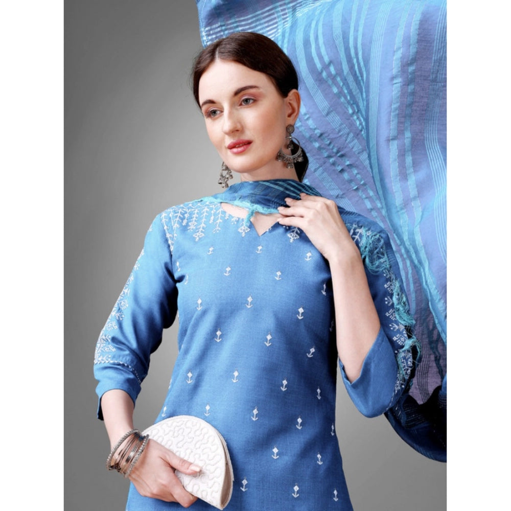 Shopper Beast Women's Casual 3-4 th Sleeve Embroidery Cotton Kurti Pant Dupatta Set (Sky Blue)