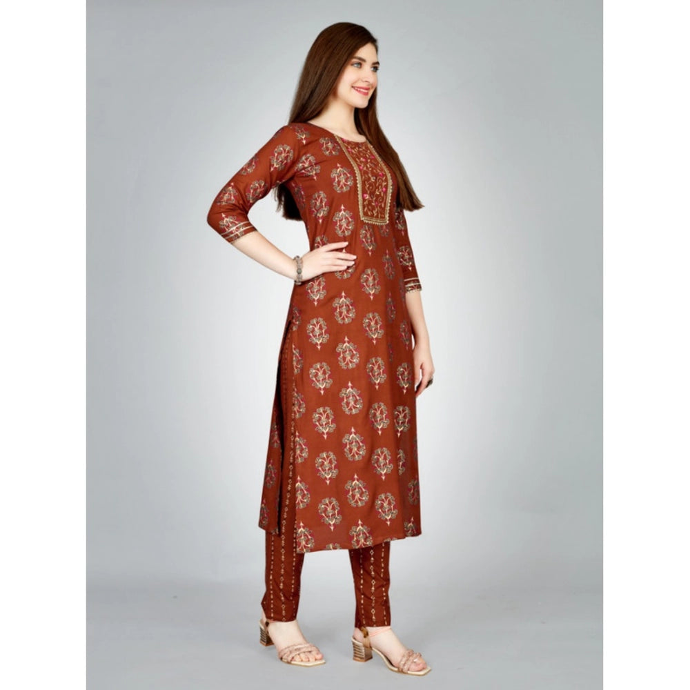 Shopper Beast Women's Casual 3-4 th Sleeve Embroidery Rayon Kurti Pant Set (Brown)