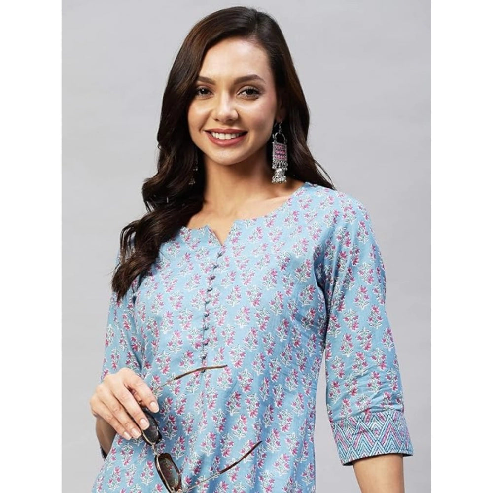 Shopper Beast Women's Casual 3-4 th Sleeve Printed Cotton Kurti Pant Set (Pastel Blue)